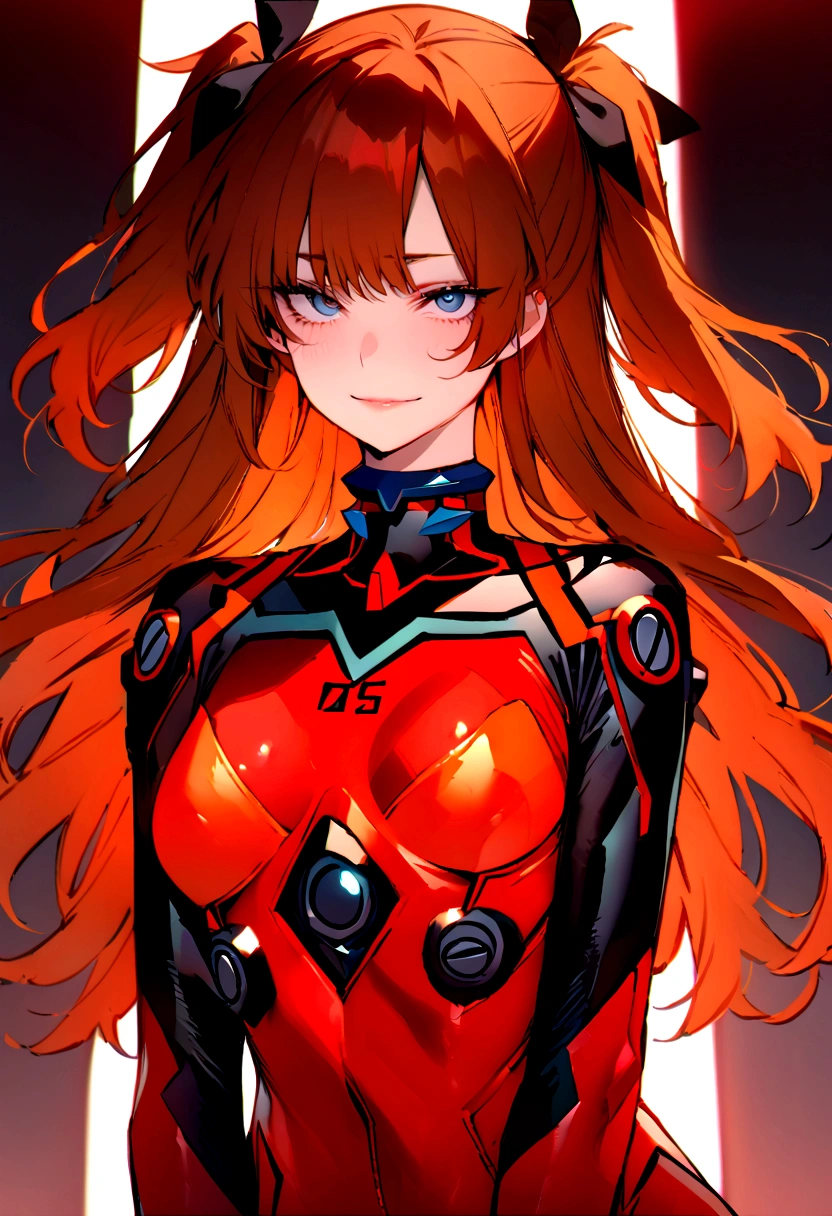 (masterpiece), best quality, expressive eyes, perfect face, 1girl, solo, blue eyes, dark orange Hair, Loose hair, hair ribbon, long hair, black ribbon, sidelocks, bangs two side up, smile, black and red plugsuit, slim figure, looking at viewer,