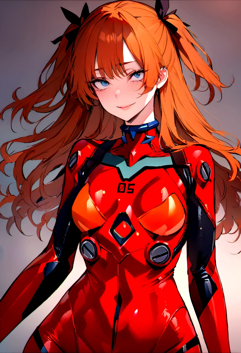 (masterpiece), best quality, expressive eyes, perfect face, 1girl, solo, blue eyes, dark orange Hair, Loose hair, hair ribbon, long hair, black ribbon, sidelocks, bangs two side up, smile, black and red plugsuit, slim figure, looking at viewer,