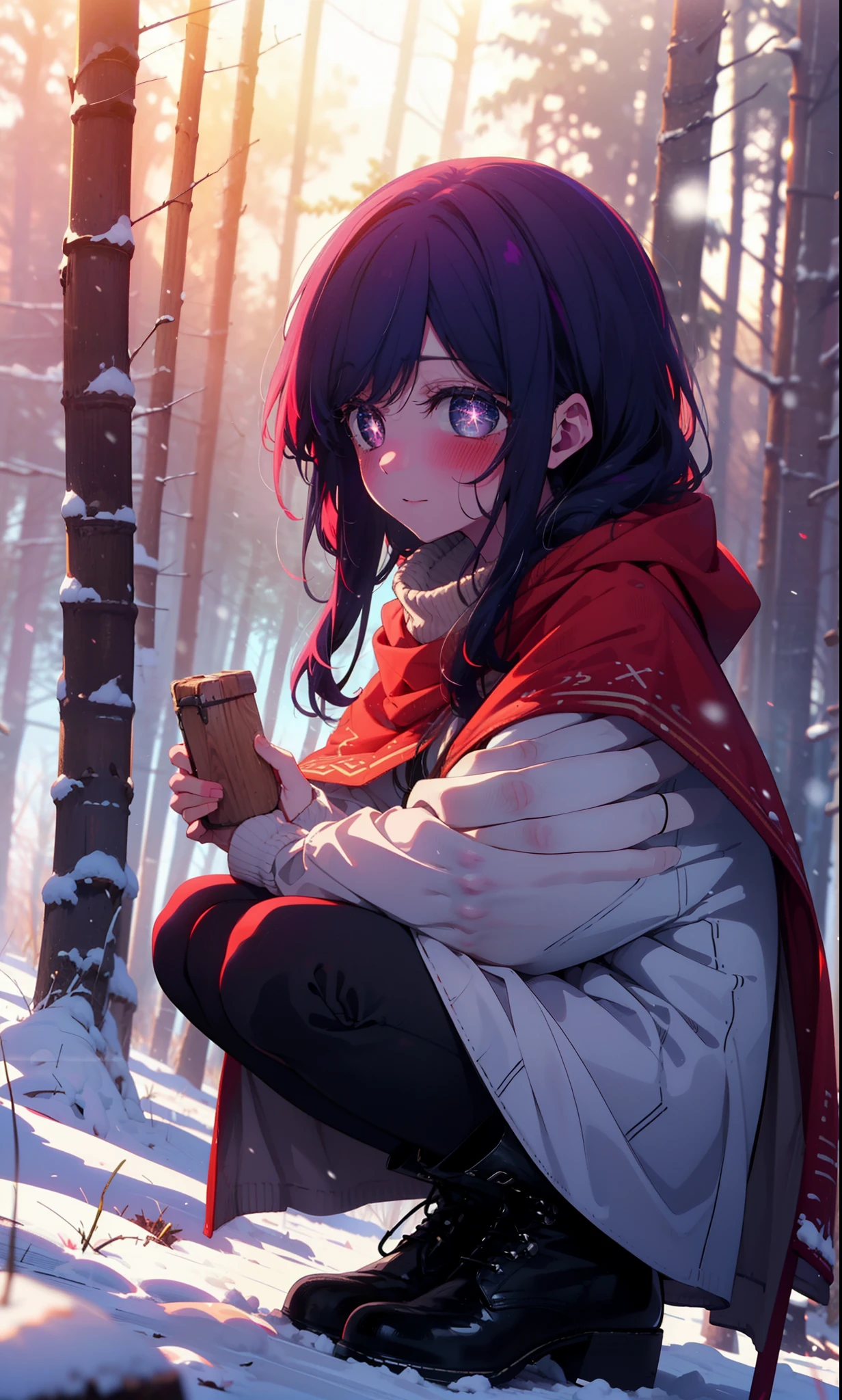 aihoshino, Ai Hoshino, Long Hair, bangs, (Purple eyes:1.1), Purple Hair, (Symbol-shaped pupil:1.5), smile,,smile,blush,White Breath,
Open your mouth,snow,Ground bonfire, Outdoor, boots, snowing, From the side, wood, suitcase, Cape, Blurred, , forest, White handbag, nature, Squat, Mouth closed, Cape, winter, Written boundary depth, Black shoes, red Cape break looking at viewer, Upper Body, whole body, break Outdoor, forest, nature, break (masterpiece:1.2), Highest quality, High resolution, unity 8k wallpaper, (shape:0.8), (Beautiful and beautiful eyes:1.6), Highly detailed face, Perfect lighting, Highly detailed CG, (Perfect hands, Perfect Anatomy),
