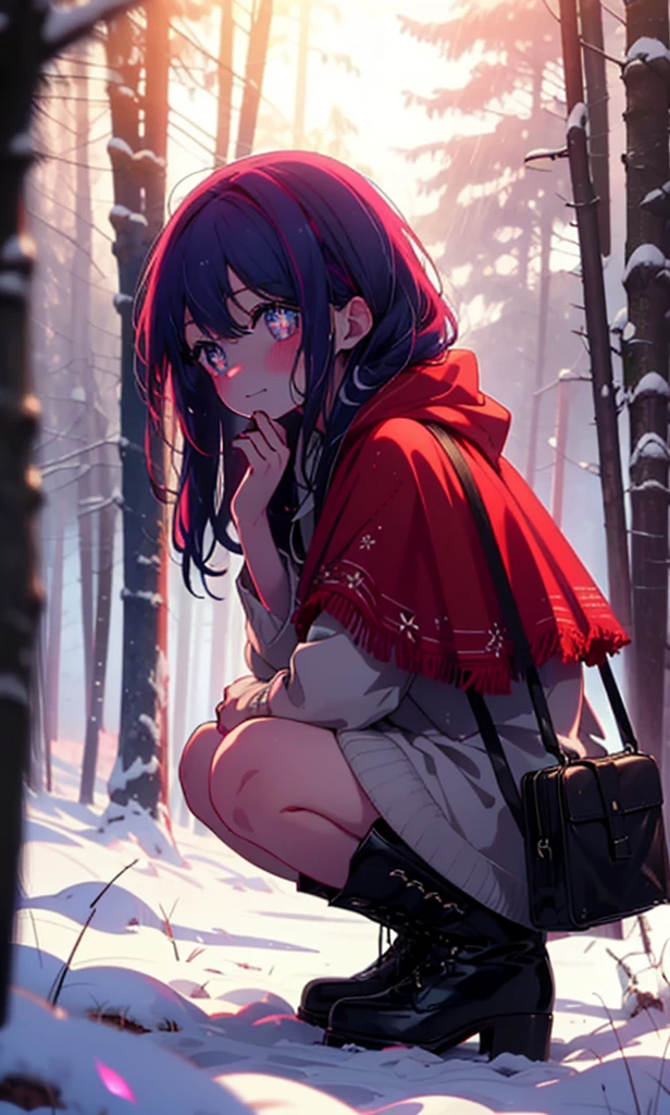 aihoshino, Ai Hoshino, Long Hair, bangs, (Purple eyes:1.1), Purple Hair, (Symbol-shaped pupil:1.5), smile,,smile,blush,White Breath,
Open your mouth,snow,Ground bonfire, Outdoor, boots, snowing, From the side, wood, suitcase, Cape, Blurred, , forest, White handbag, nature,  Squat, Mouth closed, Cape, winter, Written boundary depth, Black shoes, red Cape break looking at viewer, Upper Body, whole body, break Outdoor, forest, nature, break (masterpiece:1.2), Highest quality, High resolution, unity 8k wallpaper, (shape:0.8), (Beautiful and beautiful eyes:1.6), Highly detailed face, Perfect lighting, Highly detailed CG, (Perfect hands, Perfect Anatomy),