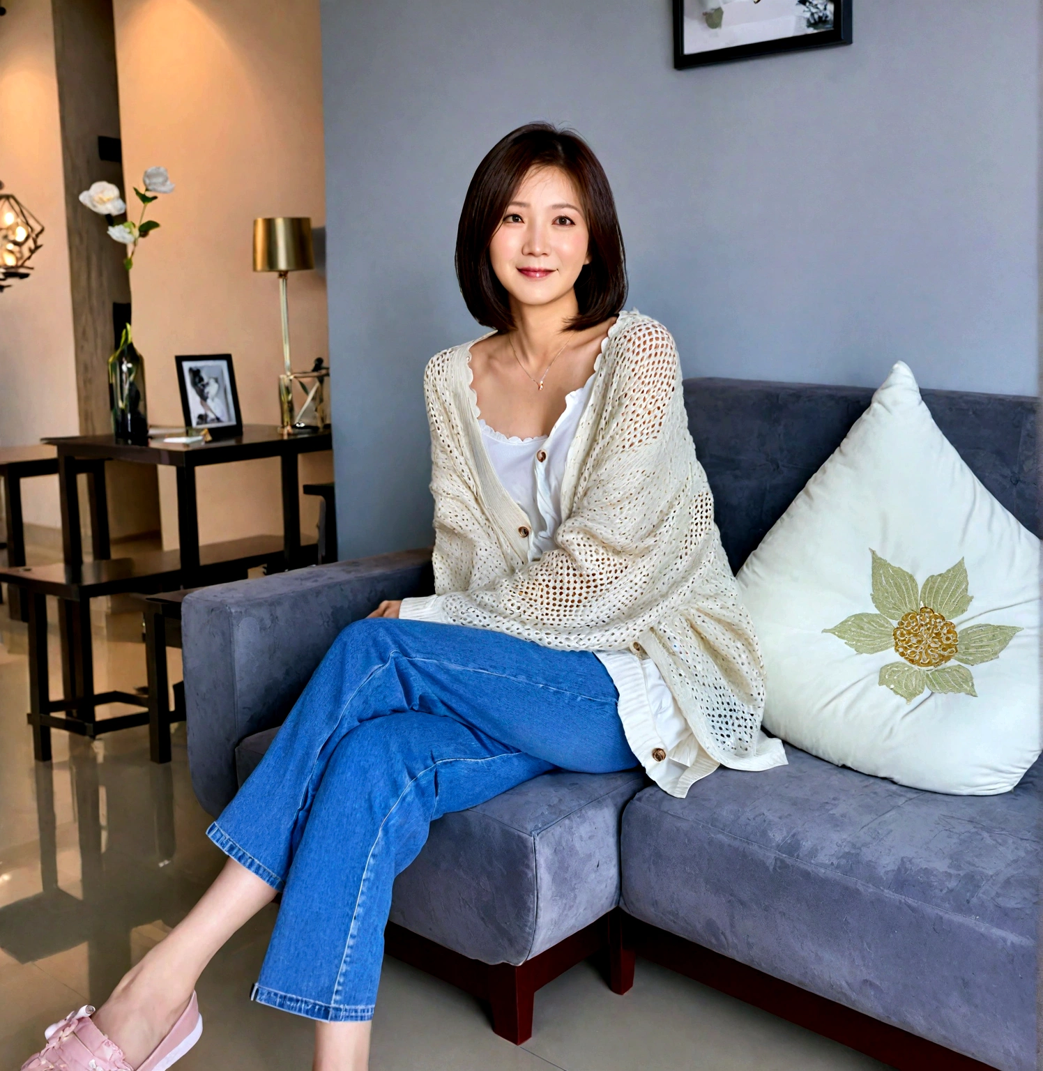 Beautiful Korean Woman , 32 inch chest size, Your eyes are big and pretty. Wearing a high-end luxury brand cardigan, Casual jeans, short medium hair, Smile. sit on the sofa , uhd