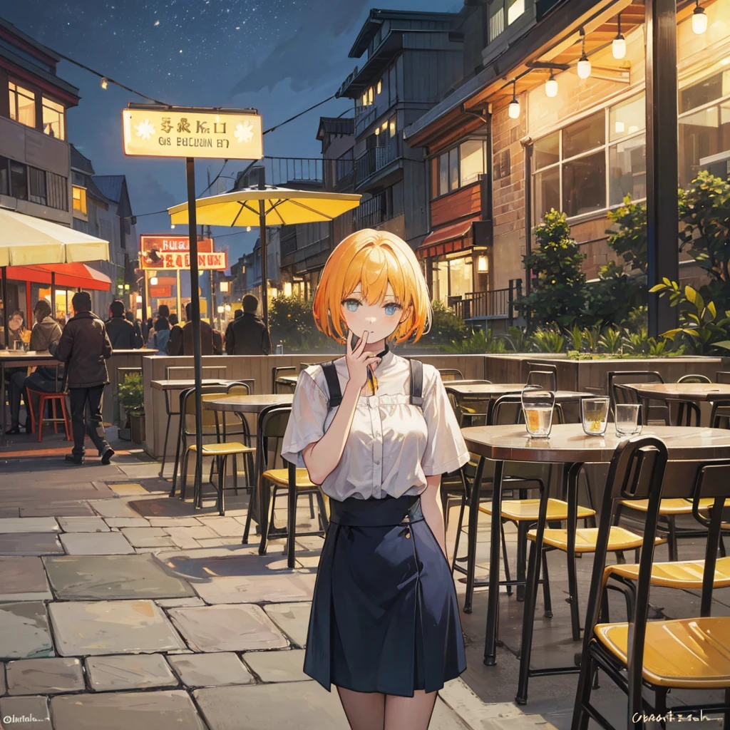 "Modern Cafe Terrace"
Title: "Modern Cafe Terrace"
Theme: Modern social spaces and human interaction
Background: Cafe terrace on a modern street corner. People are gathering at the outdoor seats.
Main characters: Modern people chatting on a cafe terrace.
Details of painting style
Color tone: Reproduces the light at dusk with warm orange and yellow tones. Expressing a warm atmosphere with Van Gogh's characteristic coloring.
Lighting: Terrace lighting and streetlights softly illuminate the cafe tables and people. Take advantage of Van Gogh's contrast of light and dark.
Texture: Van Gogh's characteristic short strokes and thick brushstrokes are used to express the vibrancy of the cafe and the movement of people.
Details: Add small details to the terrace tables and chairs, cafe signs, and people's clothing and gestures to depict the atmosphere of a modern social gathering.