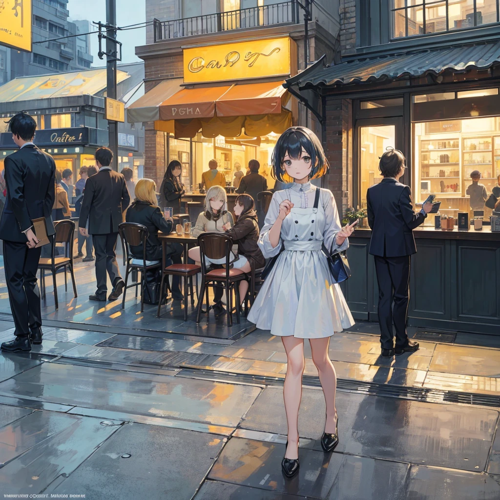 "Modern Cafe Terrace"
Title: "Modern Cafe Terrace"
Theme: Modern social spaces and human interaction
Background: Cafe terrace on a modern street corner. People are gathering at the outdoor seats.
Main characters: Modern people chatting on a cafe terrace.
Details of painting style
Color tone: Reproduces the light at dusk with warm orange and yellow tones. Expressing a warm atmosphere with Van Gogh's characteristic coloring.
Lighting: Terrace lighting and streetlights softly illuminate the cafe tables and people. Take advantage of Van Gogh's contrast of light and dark.
Texture: Van Gogh's characteristic short strokes and thick brushstrokes are used to express the vibrancy of the cafe and the movement of people.
Details: Add small details to the terrace tables and chairs, cafe signs, and people's clothing and gestures to depict the atmosphere of a modern social gathering.