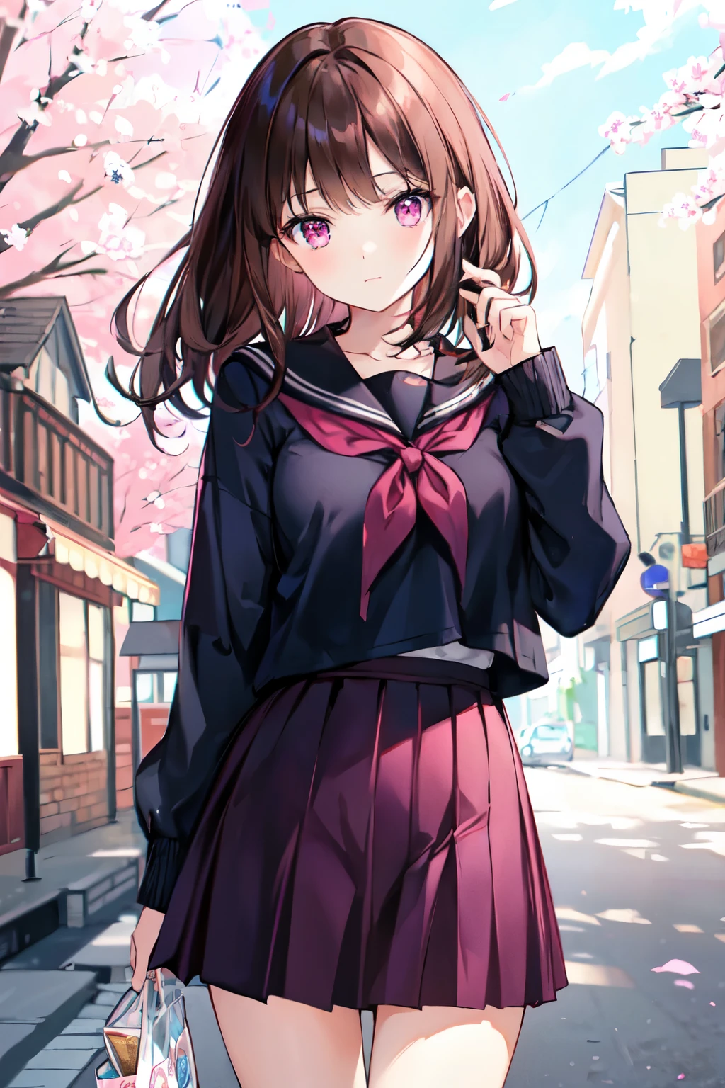 Dark brown hair color,Pale pink eyes,Navy blue school top,Navy Straight Skirt,Kind girl,8K,Ultra HD,beautiful