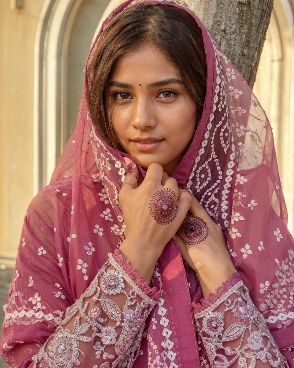 Beautiful ,23 years young Indian girl healthy, ,8k,realistic, raw photo,dark brown hair,fair skin, indian,long hair,clear facial features,, very detailed, 23years old, innocent face, natural wavy hair, high resolution, masterpiece, best quality, intricate details, highly detailed, sharp focus, detailed skin, realistic skin texture, texture, detailed eyes, professional, 4k, charming smile, shot on Canon, 85mm, shallow depth of field, kodak vision color, perfect fit body, extremely detailed, foto_\(ultra\), photorealistic, realistic, post-processing, maximum detail, roughness, real life, ultra realistic, photorealism, photography, 8k uhd, photography with bindi