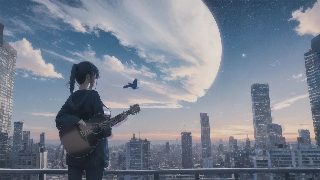 evening, star (null), scenery, Blue parakeet,The acoustic guitar is in front of the body.,star,One Girl, Back view, alone, Outdoor, city,building,Blue parakeet,building, cloud, milky way,silhouette