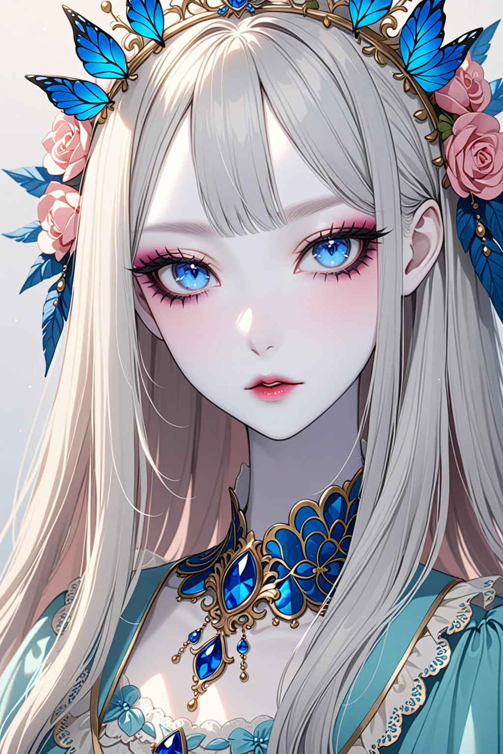 Super detailed、((One personの女の子))、(Pale skin:1.3)、Pastel colored gal、((blue eyes))、(Heavy makeup)、Super detailed、Absurd、8K、Beautiful Face、Closed lip makeup、((tilt one&#39;s head:1.7))、View your viewers、((Blushing the whole face:1.5))、Glossy Red Lips、((Beautiful breasts、tall、Slender body、Small breasts))、Poolside、((Anime style background))、masterpiece、Highest quality、so beautiful、up to date、complicatedな詳細、(Pink long nails)、(nail art)、(ring)、(bracelet)、(Floral Choker)、AI-generated、complicated、High resolution、Highest quality、super high quality、3D Images、 Images、One person、Long white hair、(Raised ponytail)、(Wavy Hair:1.3)、((Detailed、blue eyes、Glowing Eyes:1.5))、(Squint your eyes:1.1)、超Real、超Real、Real、Long white hairのアニメ女性、Smooth anime CG art、High Leg、Cross Halter、Red One Piece Swimsuit、O-ring、Long flower hair ornament、Flower Earringature Body、tall、Kneeling、