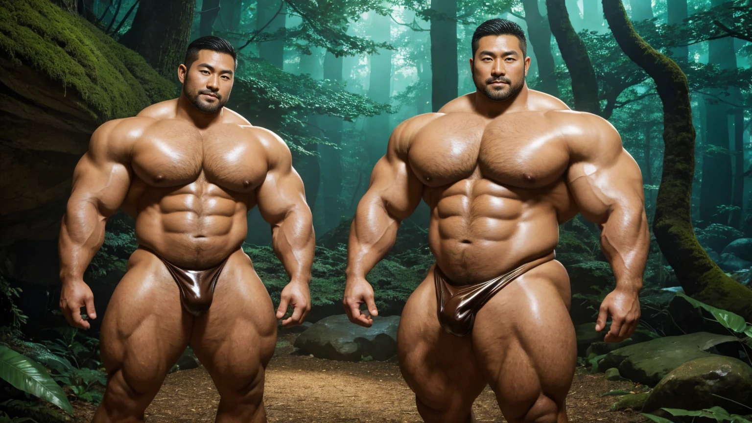 There is only one handsome Asian actor in the photo,35 years old,High target, Fitness,short hair, O-Shaped Beard,Perfect body, Dark skin color,Radiant Skin,Smooth skin,Shiny, shiny skin,Smooth pectoral muscles,No chest hair,No body hair,Muscle bulge, muscular, Very large pectoral muscles,Very sexy abdominal muscles,Very well-developed leg muscles,Huge concave and convex area,Brightens oily skin,Wearing a shiny gold leather thong,Handsome face,Normal human toes,Correct and accurate male body proportions,,Enchanting dream scene of standing in a fantasy forest, Glowing mushrooms and hidden fairy canyons, Create a mysterious and charming feeling