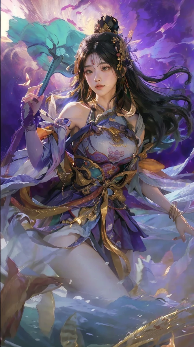 (RAW photo, best quality), (realistic, photo-realistic:1.3),best quality,highly detailed,masterpiece,ultra-detailed,illustration,1girl,upper_body,dynamic angle,world masterpiece theater,messy_long_hair,best quality,extremely detailed CG unity 8k wallpaper,ink,Amazing,cinematic lighting,lens_flare, dunhuang_style