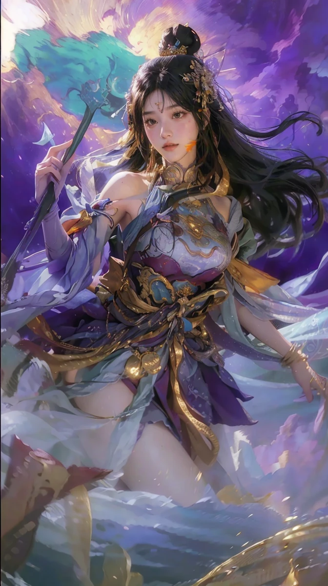 (RAW photo, best quality), (realistic, photo-realistic:1.3),best quality,highly detailed,masterpiece,ultra-detailed,illustration,1girl,upper_body,dynamic angle,world masterpiece theater,messy_long_hair,best quality,extremely detailed CG unity 8k wallpaper,ink,Amazing,cinematic lighting,lens_flare, dunhuang_style
