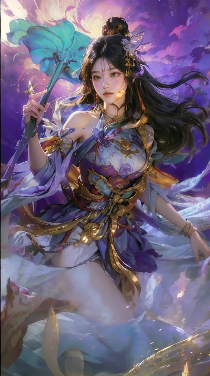 (RAW photo, best quality), (realistic, photo-realistic:1.3),best quality,highly detailed,masterpiece,ultra-detailed,illustration,1girl,upper_body,dynamic angle,world masterpiece theater,messy_long_hair,best quality,extremely detailed CG unity 8k wallpaper,ink,Amazing,cinematic lighting,lens_flare, dunhuang_style