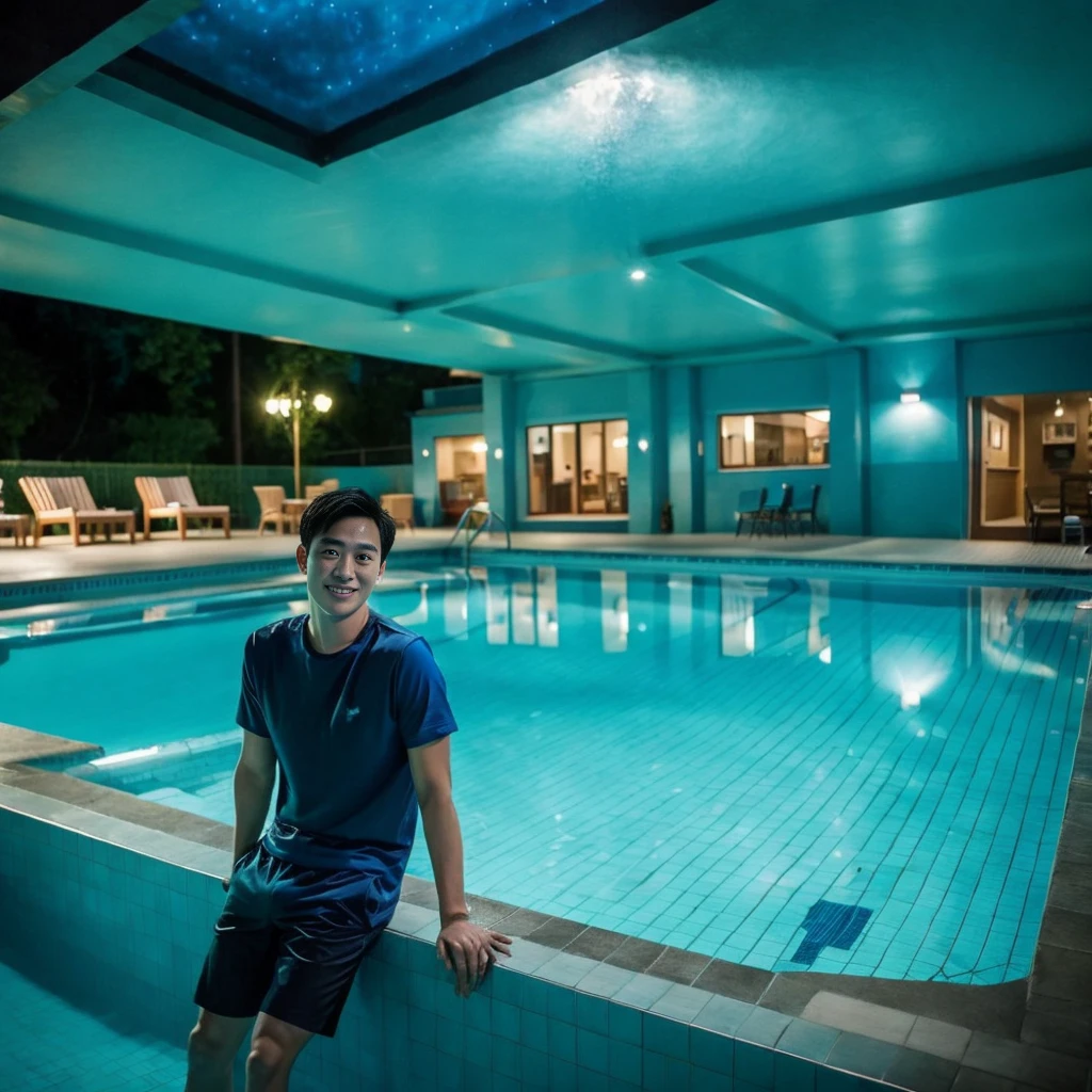 独奏:1.3 ,Korean man, Inspiration from Peng Yuyan, 30 years old, 236 years old, Cute Korean Face, 35 yo, 33 year old Korean muscular man，The dining room is in the back. green t-shirt A man sitting near a swimming pool, Wear long shorts., Night light view, half moon, Blue lights under the swimming pool, lantern light, realist