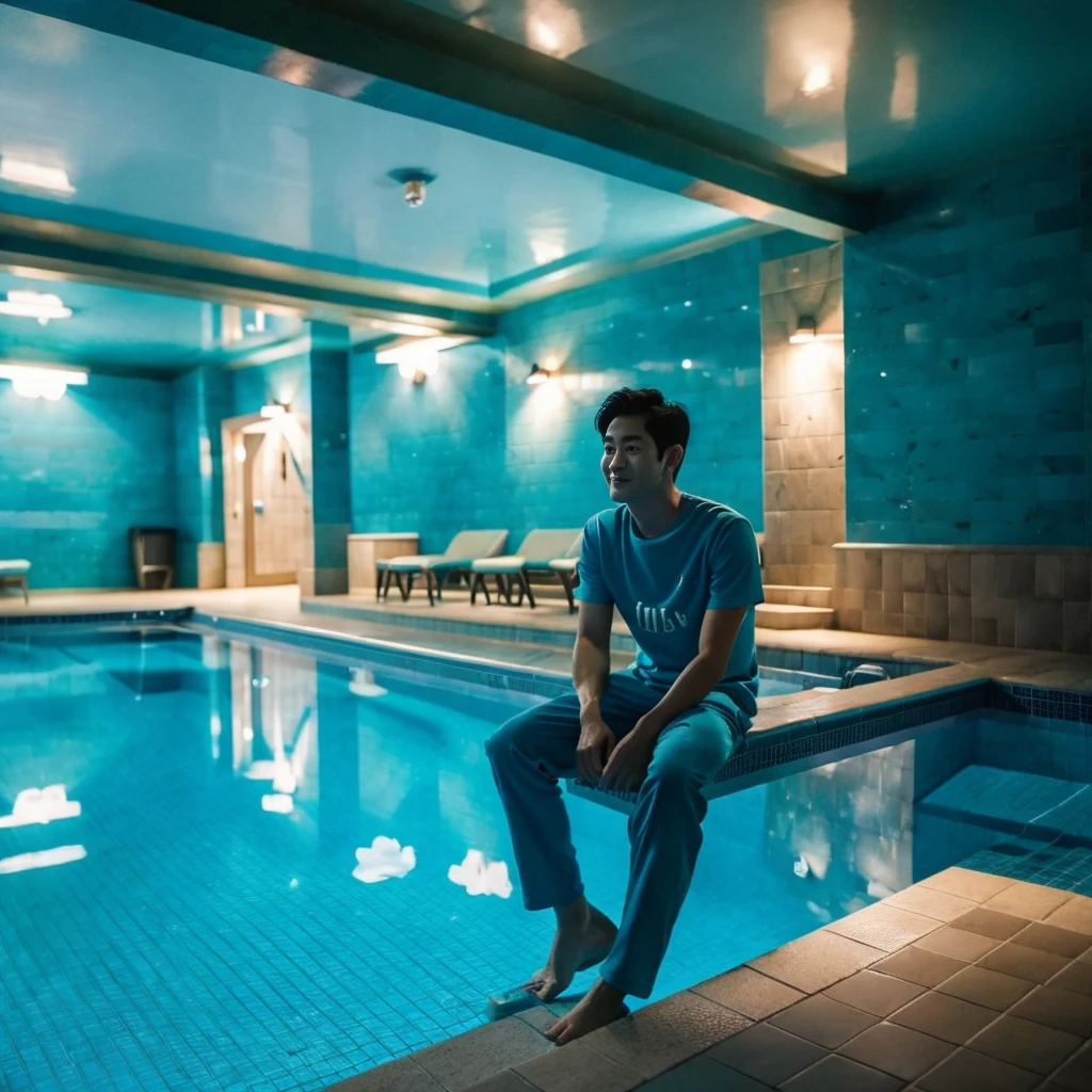 独奏:1.3 ,Korean man, Inspiration from Peng Yuyan, 30 years old, 236 years old, Cute Korean Face, 35 yo, 33 year old Korean muscular man，The dining room is in the back. green t-shirt A man sitting near a swimming pool, Wear long shorts., Night light view, half moon, Blue lights under the swimming pool, lantern light, realist