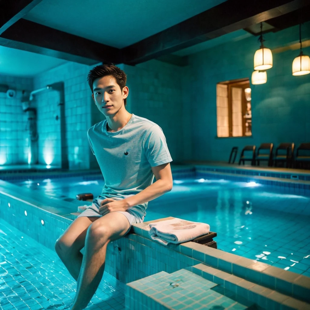 独奏:1.3 ,Korean man, Inspiration from Peng Yuyan, 30 years old, 236 years old, Cute Korean Face, 35 yo, 33 year old Korean muscular man,The dining room is in the back. green t-shirt A man sitting near a swimming pool, Wear long shorts., Night light view, half moon, Blue lights under the swimming pool, lantern light, realist