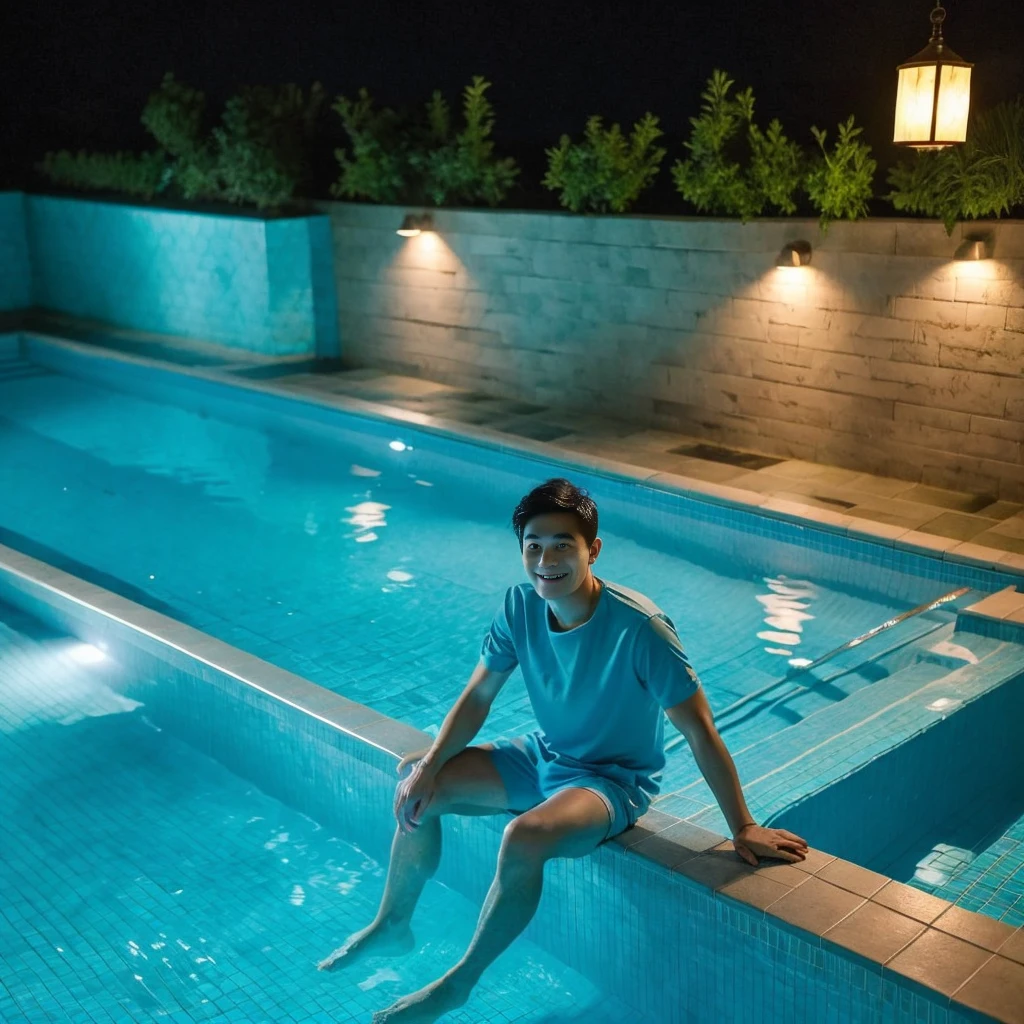 独奏:1.3 ,Korean man, Inspiration from Peng Yuyan, 30 years old, 236 years old, Cute Korean Face, 35 yo, 33 year old Korean muscular man，The dining room is in the back. green t-shirt A man sitting near a swimming pool, Wear long shorts., Night light view, half moon, Blue lights under the swimming pool, lantern light, realist