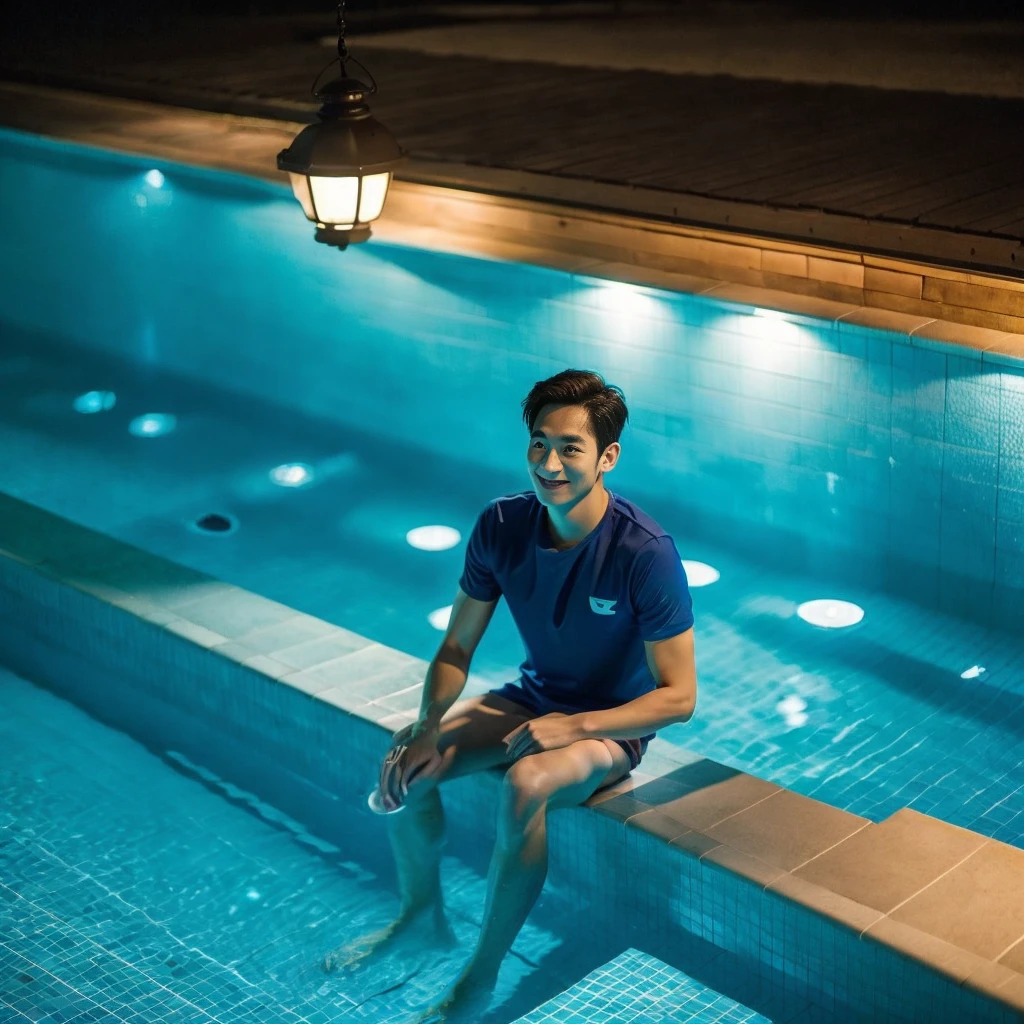 独奏:1.3 ,Korean man, Inspiration from Peng Yuyan, 30 years old, 236 years old, Cute Korean Face, 35 yo, 33 year old Korean muscular man,The dining room is in the back. green t-shirt A man sitting near a swimming pool, Wear long shorts., Night light view, half moon, Blue lights under the swimming pool, lantern light, realist