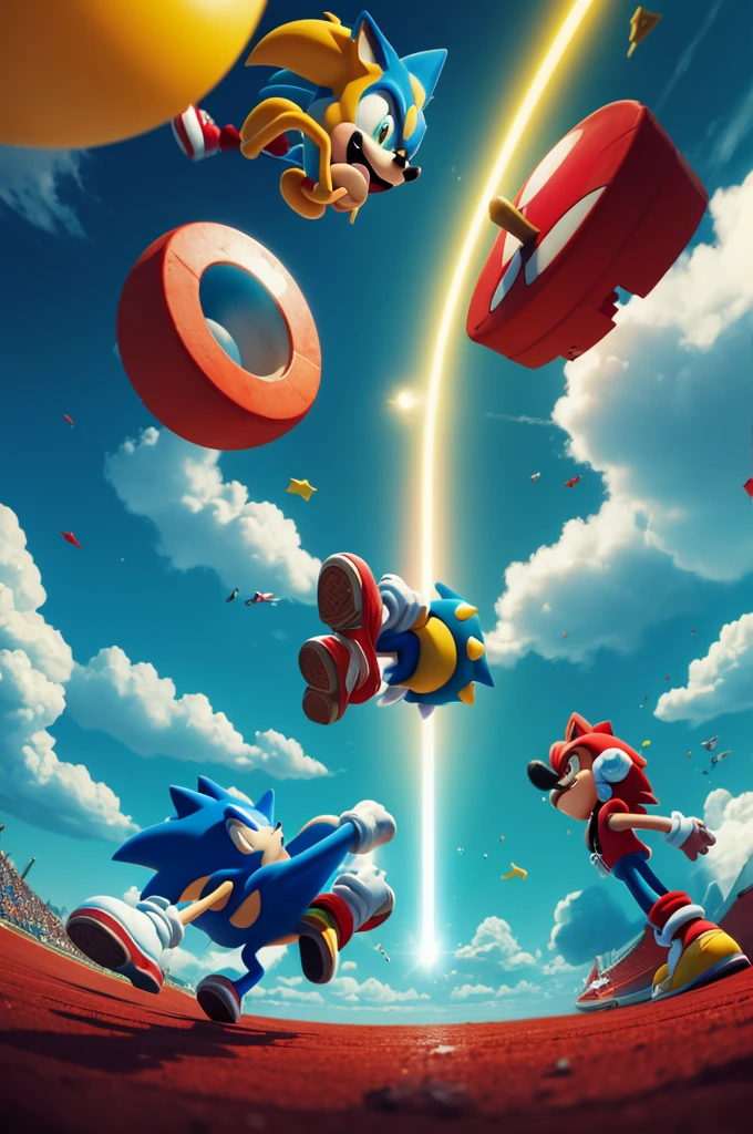 Background with Mario vs Sonic, (with the title: Ricky Games, Title Color: red and teal and yellow)