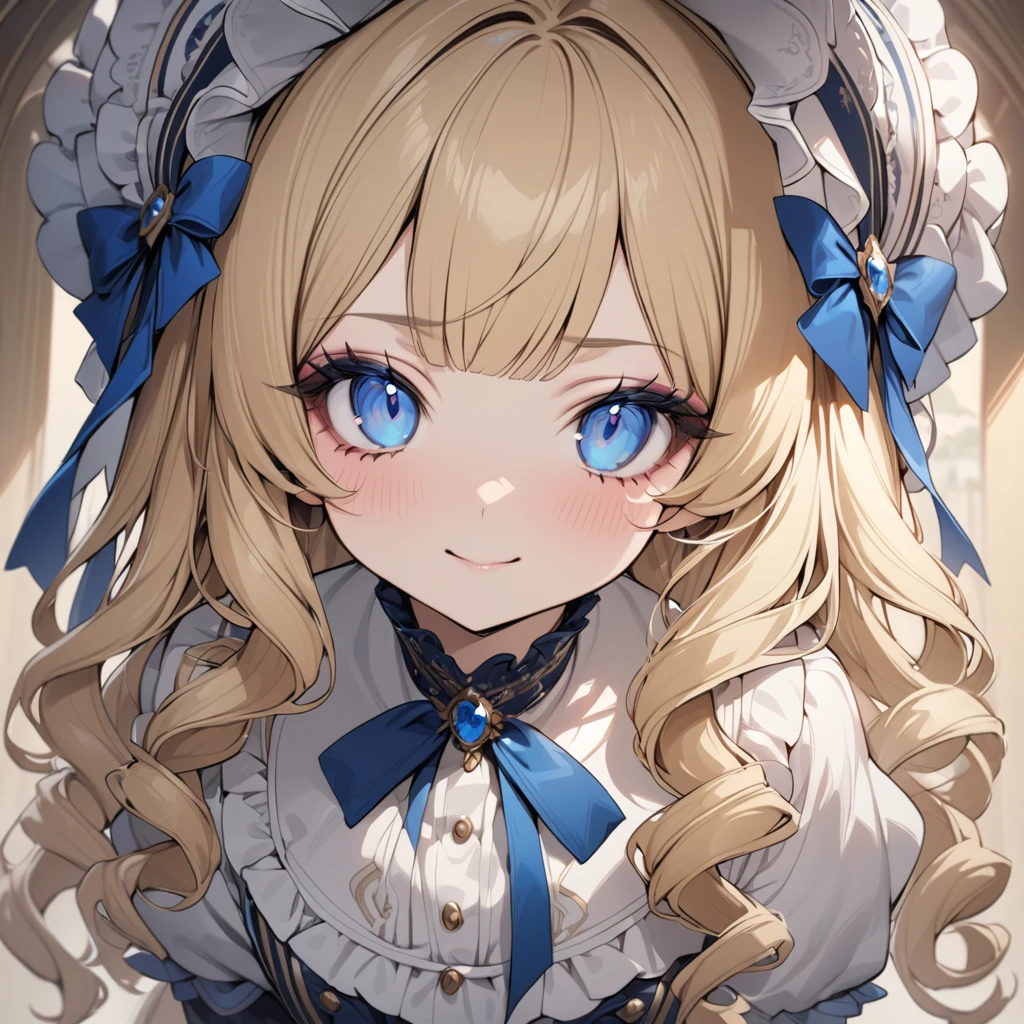 Blonde hair,sidecurls,curls,blue eyes,long eyelashes,light blue victorian dress,puffy short sleeves,frilled dress,collared dress,frilly wide brimmed Bonnet with bows,fringe bangs,bustshot,masterpiece,highress,soft smile,bishoujo
