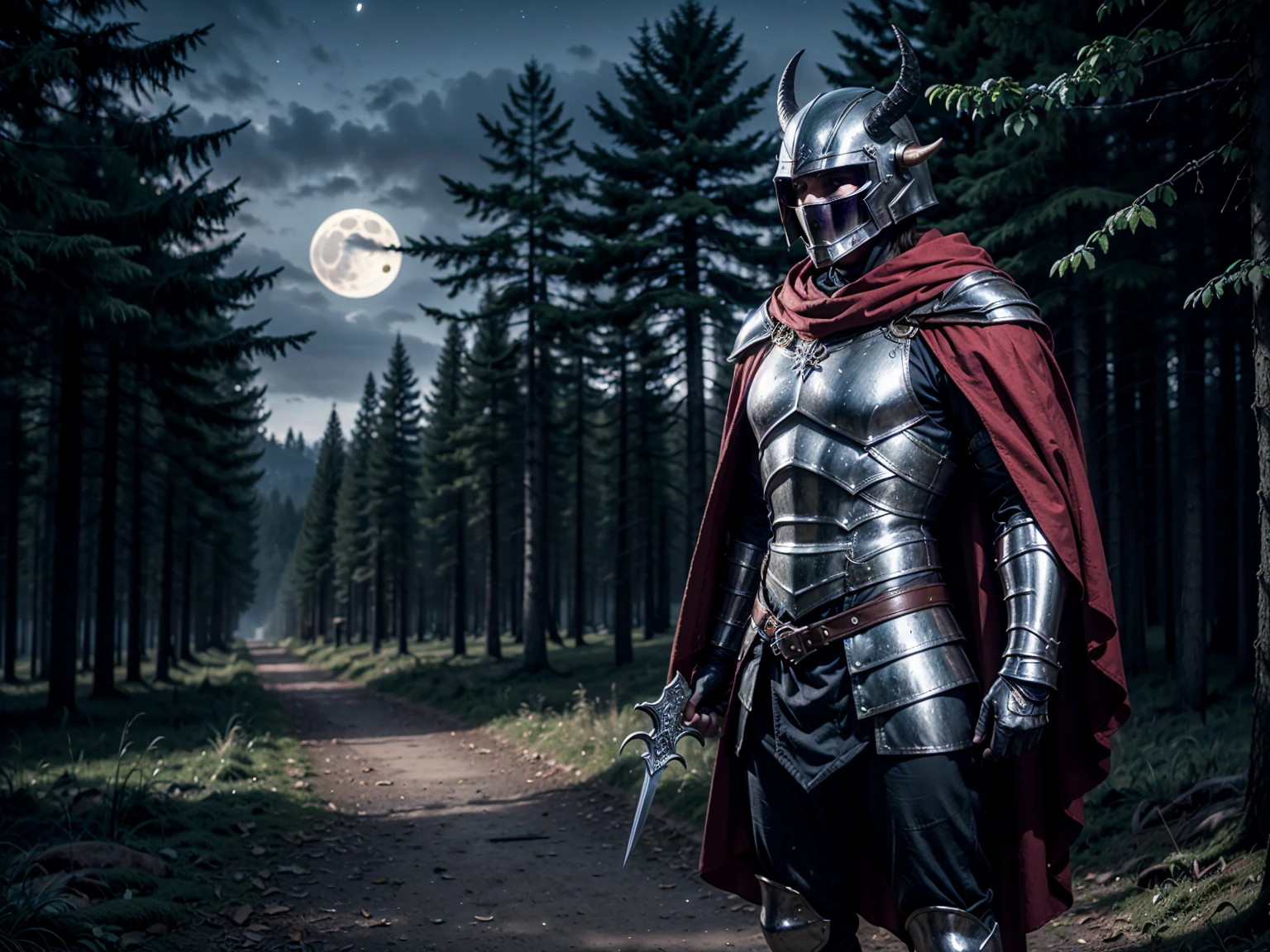 (High Definition 1.5) (High Quality 1.5) (Detailed 1.5) (Masterpiece) (Perfect)
1man, strong and tall, full armor, dark metal armor, shiny metal, gothic, ancient style, helmet with horns, red cape, sword at his waist. Lonely path, dark forest, bright night, bright full moon