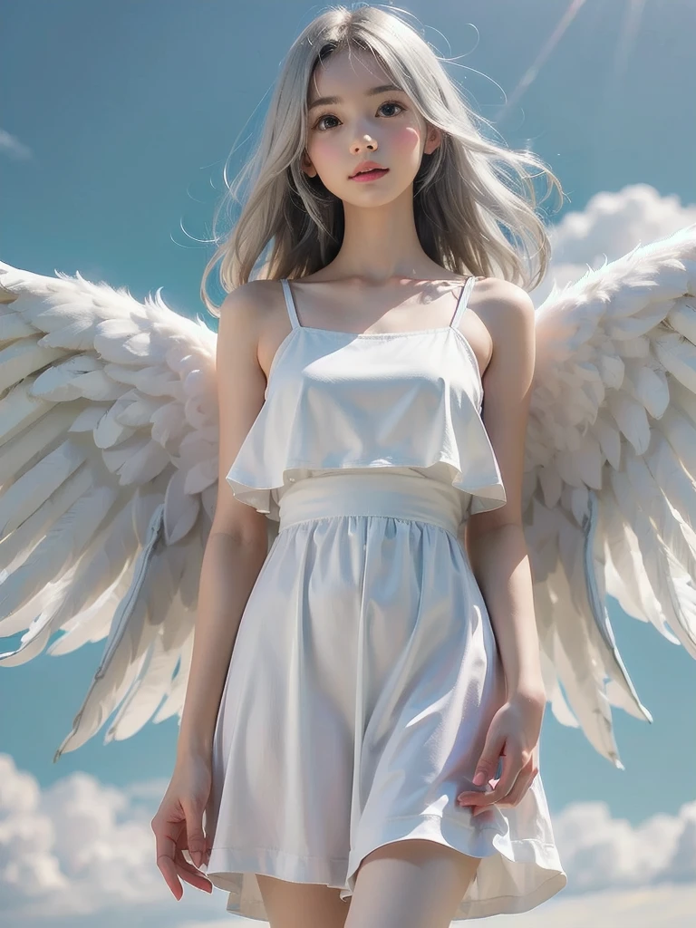 8K, raw photo, realistic, (detailed skin, best quality:1.2), (Angel Wings), ((white camisole dress)), (((:1.1))), (silver long hair:1.3, Short bangs), teenage girl flying high in the sky, (baby face:1.1, Neat face, whiter skin), thighs, Translucent white fabric covers the body.., blue sky, full body shot, (low angle shot:1.2)