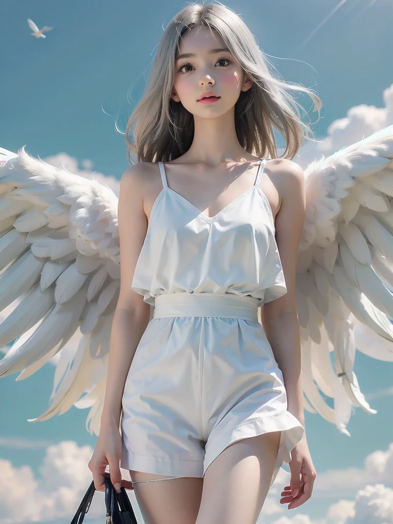 8K, raw photo, realistic, (detailed skin, best quality:1.2), (Angel Wings), ((white camisole dress)), (((:1.1))), (silver long hair:1.3, Short bangs), teenage girl flying high in the sky, (baby face:1.1, Neat face, whiter skin), thighs, Translucent white fabric covers the body.., blue sky, full body shot, (low angle shot:1.2)