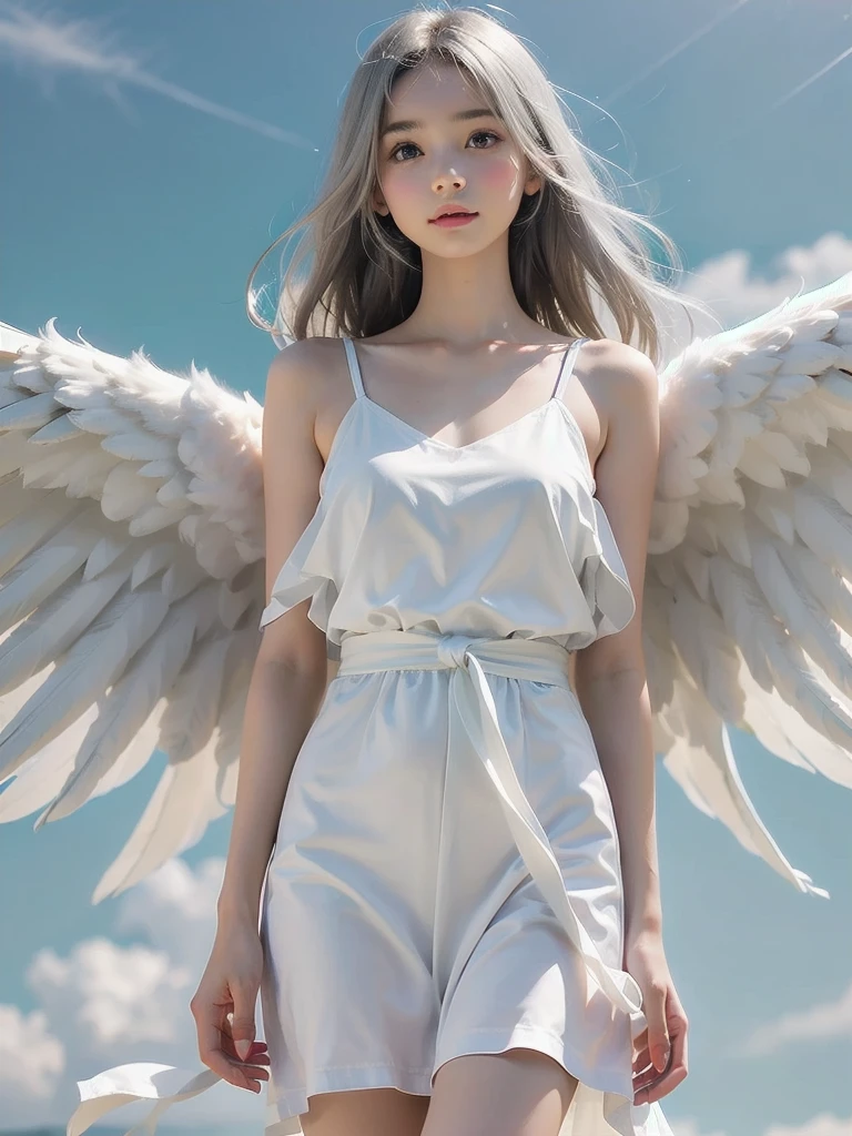 8K, raw photo, realistic, (detailed skin, best quality:1.2), (Angel Wings), ((white camisole dress)), (((:1.1))), (silver long hair:1.3, Short bangs), teenage girl flying high in the sky, (baby face:1.1, Neat face, whiter skin), thighs, Translucent white fabric covers the body.., blue sky, full body shot, (low angle shot:1.2)