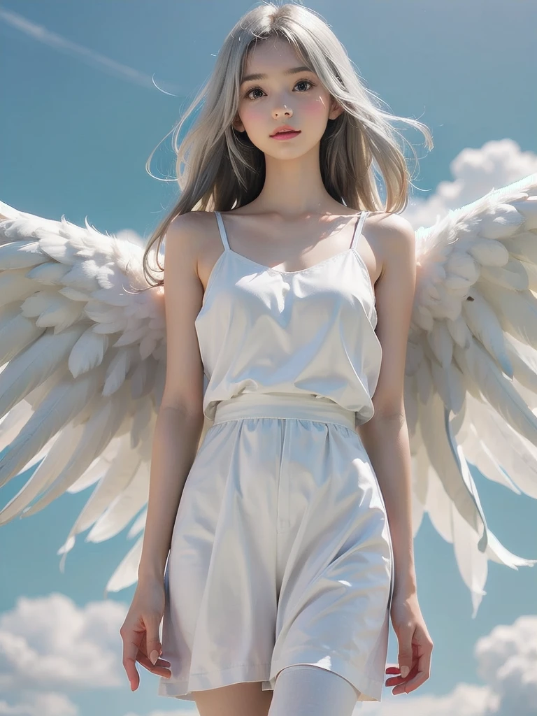 8K, raw photo, realistic, (detailed skin, best quality:1.2), (Angel Wings), ((white camisole dress)), (((:1.1))), (silver long hair:1.3, Short bangs), teenage girl flying high in the sky, (baby face:1.1, Neat face, whiter skin), thighs, Translucent white fabric covers the body.., blue sky, full body shot, (low angle shot:1.2)