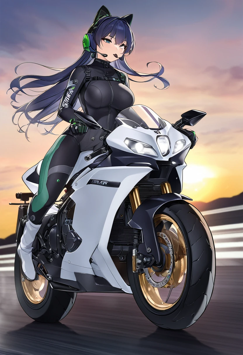 Masterpiece, Best quality, 8K Ultra High-Quality, ultra-detailed, High quality, Dark Blue hair, Long hair, Headset, goggles, cat girl, riding on a motorcycle, sports motorcycle, large motorcycle, Kawasaki H2R, rider suit, Body harness, winter clothes, full body, motorcycle riding pose