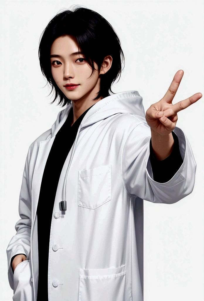 Smiling man。Shiny hair quality。Perm Hair。big smiling man, (Fair skin),(know),Iris,(Gender: Natural Face),(Japanese),long body,handsome young asian man, Japanese idol style, short clean-cut hair, ((center part)), white lab coat, black hoodie underneath, calm confident expression, hands in lab coat pockets, plain white background, portrait, high quality, detailed, 8K, Shin Jinyoung, , Won Bin Lee, Plain white background。