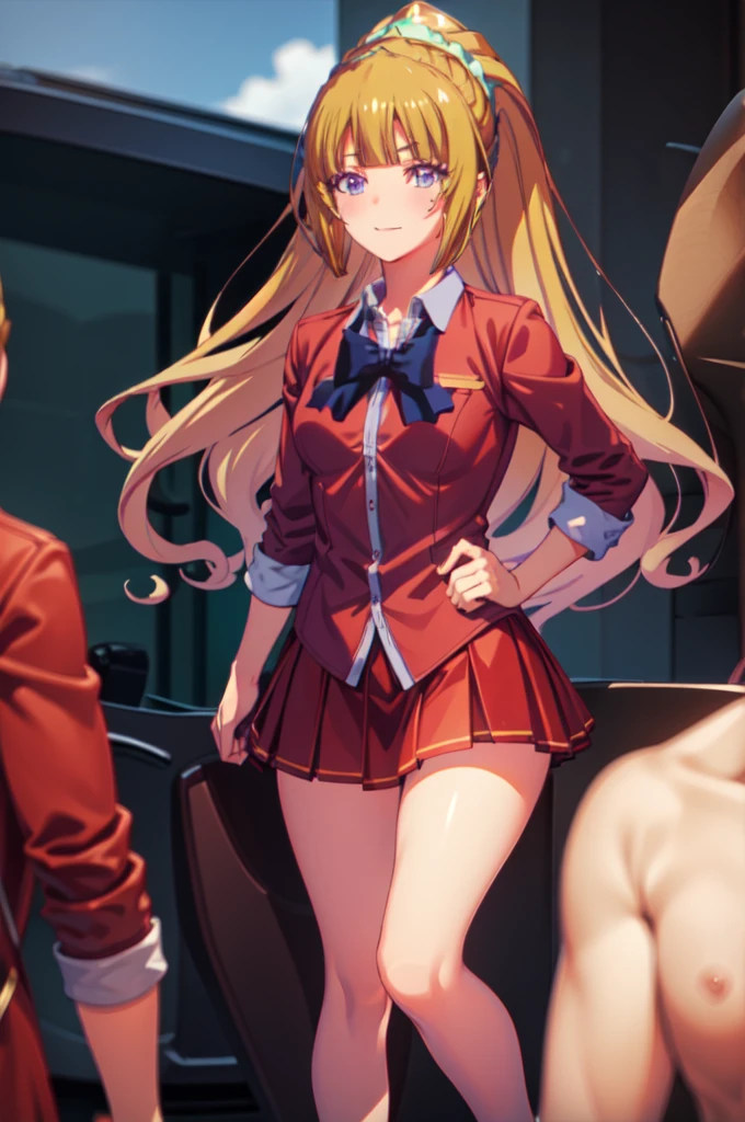 keikaruizawa, kei karuizawa, Long Hair, bangs, blunt bangs, (Purple eyes:1.1), Blonde, shirt, hair ornaments, ponytail, Scrunchie, blue Scrunchie, smile, break skirt, shirt, bow, , Jacket, (red Jacket:1.2), Pleated skirt, bowtie, sweater, (blue bow:1.2), (blue shirt:1.2), break indoors, classroom, classroomの椅子に座っている, break (masterpiece:1.2), Highest quality, High resolution, (Beautiful attention to detail:1.6), Highly detailed face, Perfect lighting, Highly detailed CG, (Perfect hands, Perfect Anatomy), , (3D Face:1.1), (Shiny skin:1.5), (超High resolution intricate face details), (Facial skin pores:1.3), 超High resolution cloth texture, 大きなsmile、Blushing、Open your mouth, Showing off her perfect legs