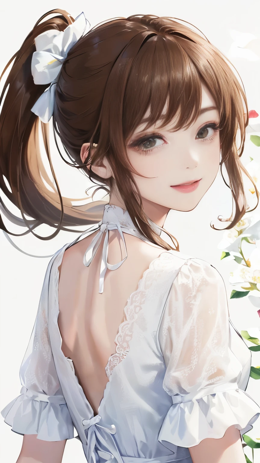 (((Frame In)))、(((White wall background)))、(((Best image quality、8K、Beautiful woman、White wall background)))、(((Brown Hair)))、(((Side Ponytail)))、(((smile)))、(((Floral dress)))、(((Pure white background)))、Facing forward