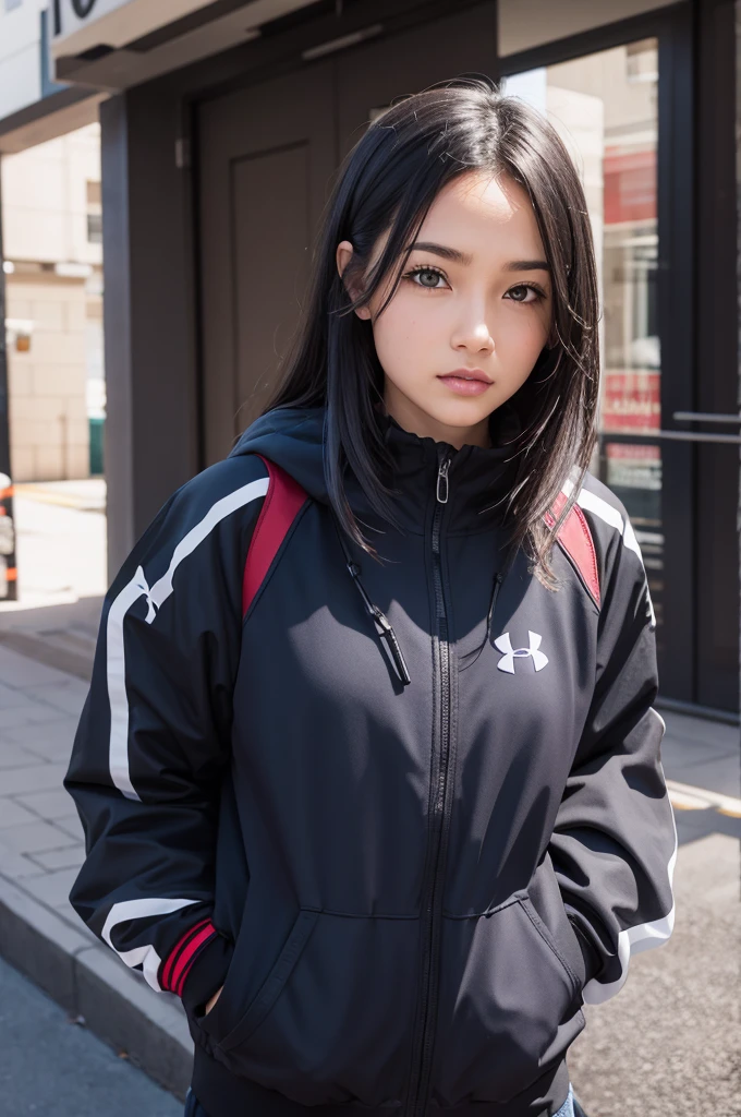 Slim Japanese girl with thin small bust in sportswear jogging in Japanese park