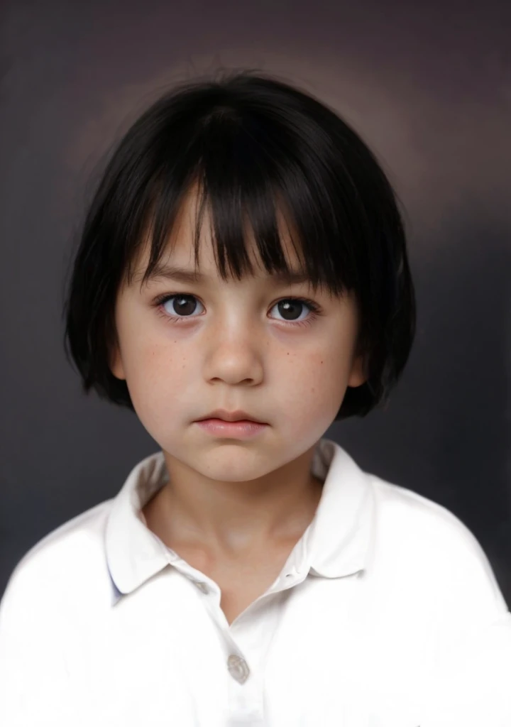 HD quality color photo, of a 5 year old girl. serious facial expression looking at the camera. Short black hair. Wearing a white men's shirt. Photo studio dark background