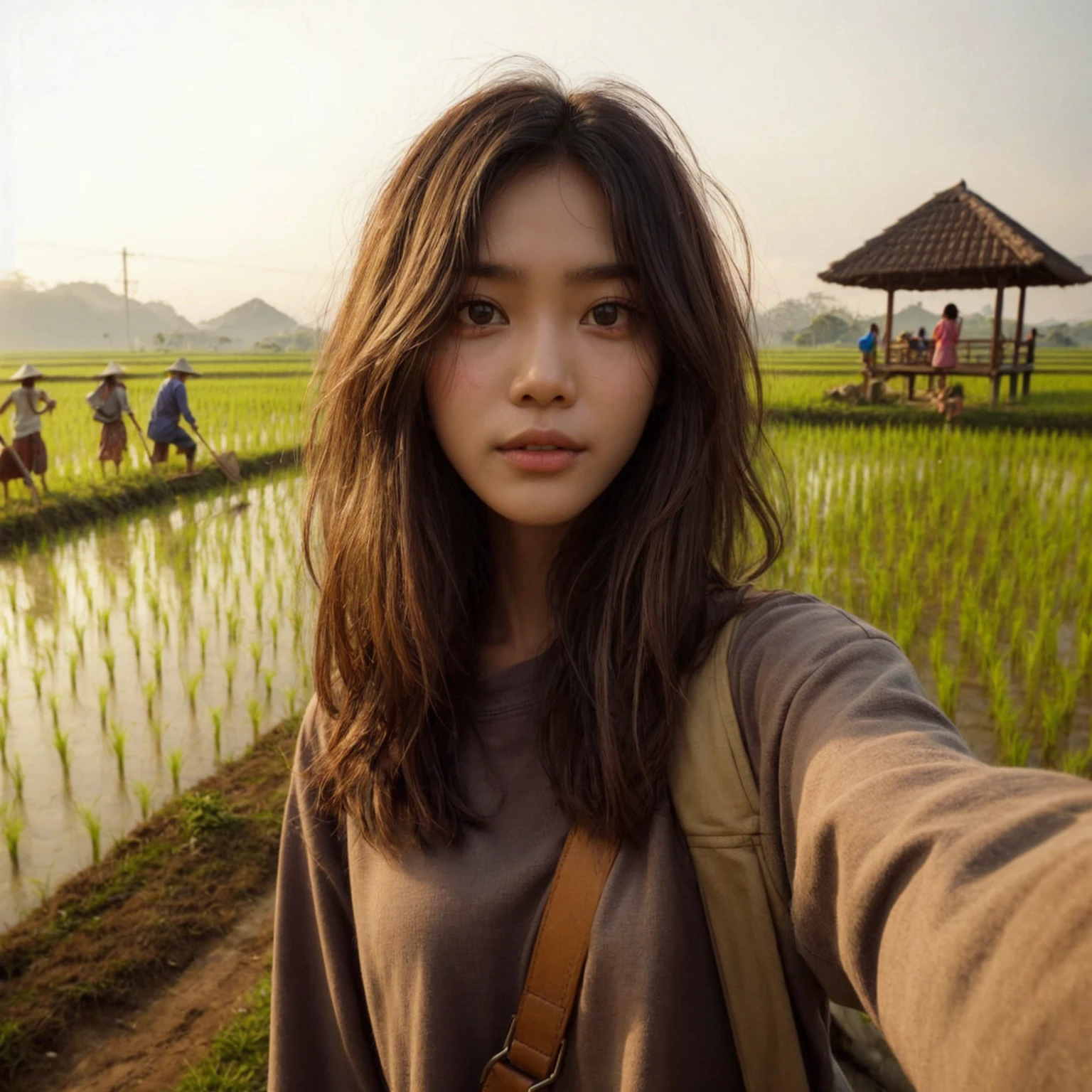 realistic selfie photo. a young Indonesian girl aged 16 years, medium messy hair style, wear a long-sleeved t-shirt, carry a shoulder bag. In the background of rural rice fields, people can be seen plowing the fields, there is a gazebo where you can rest, scarecrows and one beautiful mountain, bright sky, Indonesian morning atmosphere. UHD. masterpiece