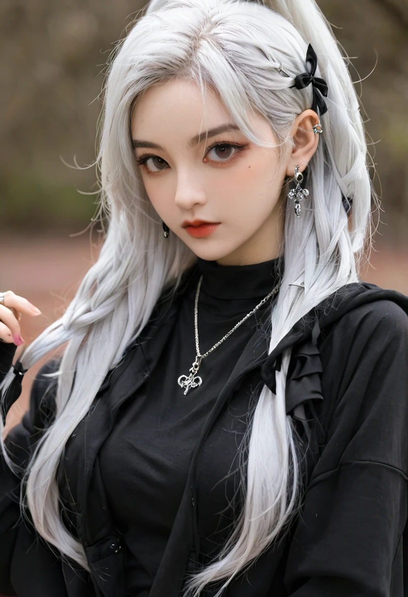 , huge, Double tail, Silver Hair, hoodie, Retro Gothic, posture, Lovely, Face Up, high quality, necklace, ring, bracelet, earrings