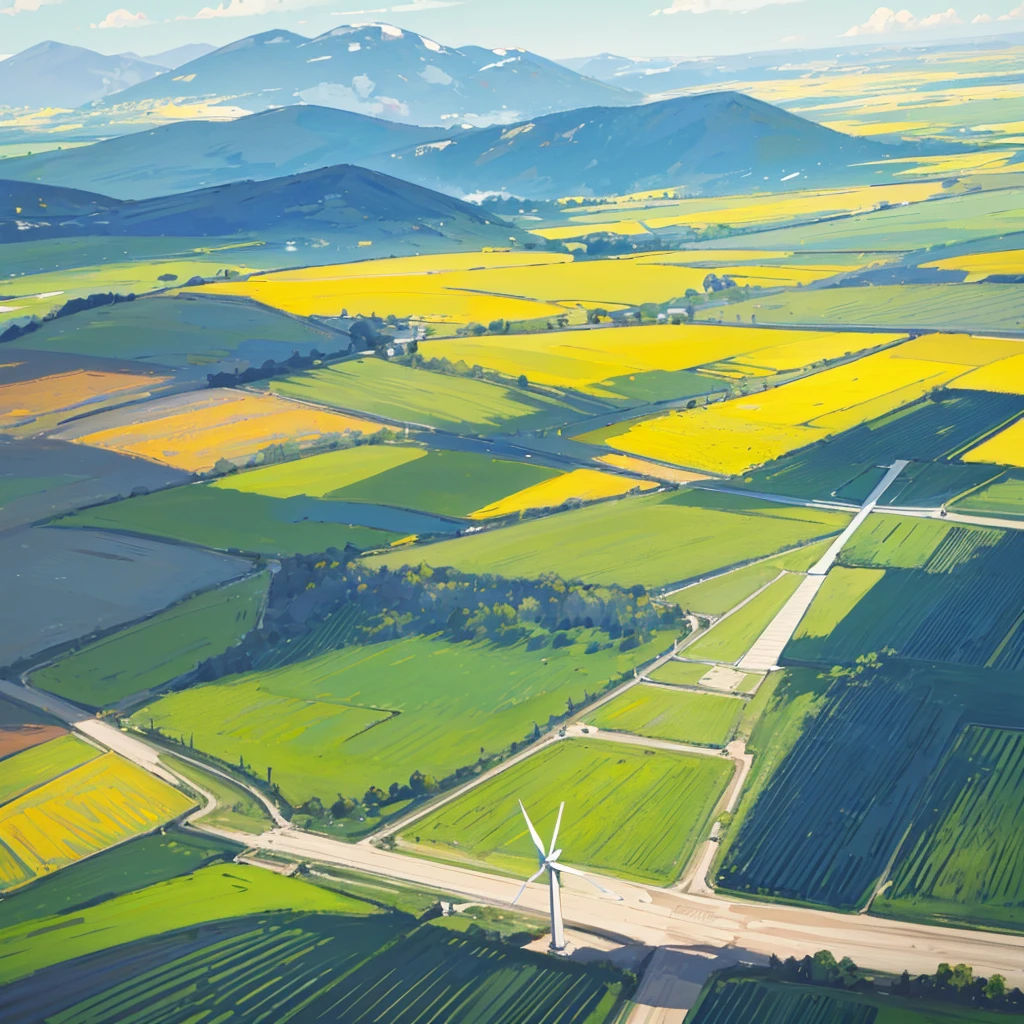 "Modern rural landscape"
Title: "Modern rural landscape"
Theme: Modern rural and natural beauty
Background: modern rural landscape. A vast countryside with wind generators and solar panels visible.
Main character: A vast countryside and modern wind turbines and solar panels nestled within it.
Details of painting style
Color tone: Based on bright green or yellow-green, add blue of the sky and white of clouds. Van Gogh's vivid colors emphasize the beauty of nature.
Lighting: Natural light during the day illuminates the fields and wind turbines. Draw the sunlight to give it a Van Gogh-like glow.
Texture: Thick brush strokes create details of rural grass and wind turbines. Fusing modern technology with nature.
Detail: Add fine detail to the countryside, wind turbine blades and solar panel surfaces to create a realistic depiction of a modern rural landscape.