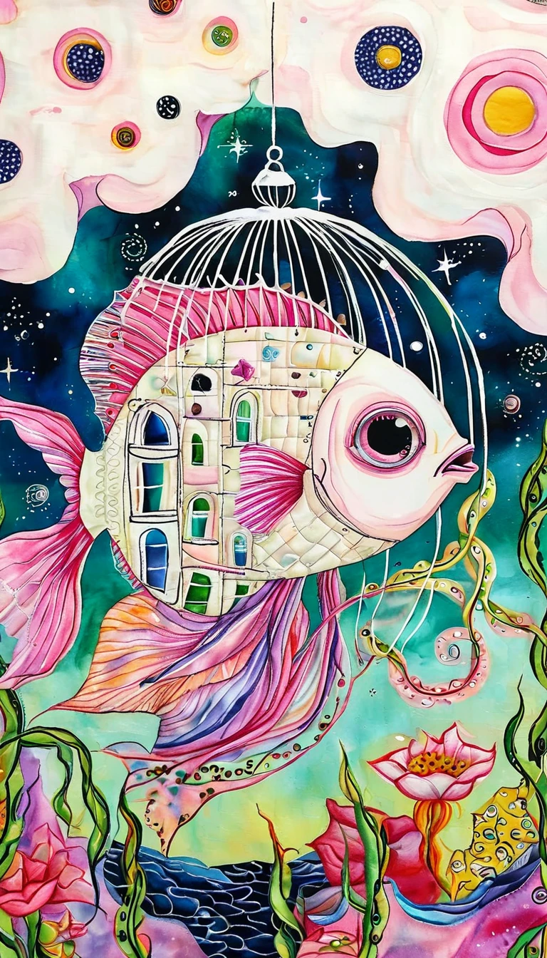 Light pink fish in the birdcage，plant，Tentacles，Eye、Starry Sky，Quilting thread，Stitching together an abstract painting，Describing the inner world of autistic people，Sense of space，White Space，interesting，Innocence，Psychedelic Art，Pink theme