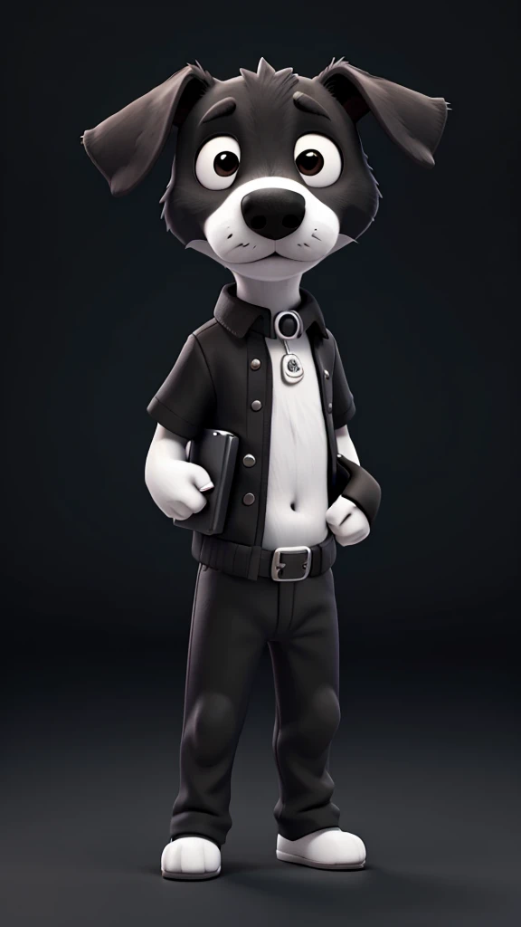 dog Black and White Holding a television under his right arm body white Belly, nose and eyes are black