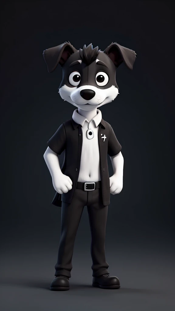 dog　Black and White　Holding a television under his right arm　body white　　Belly, nose and eyes are black