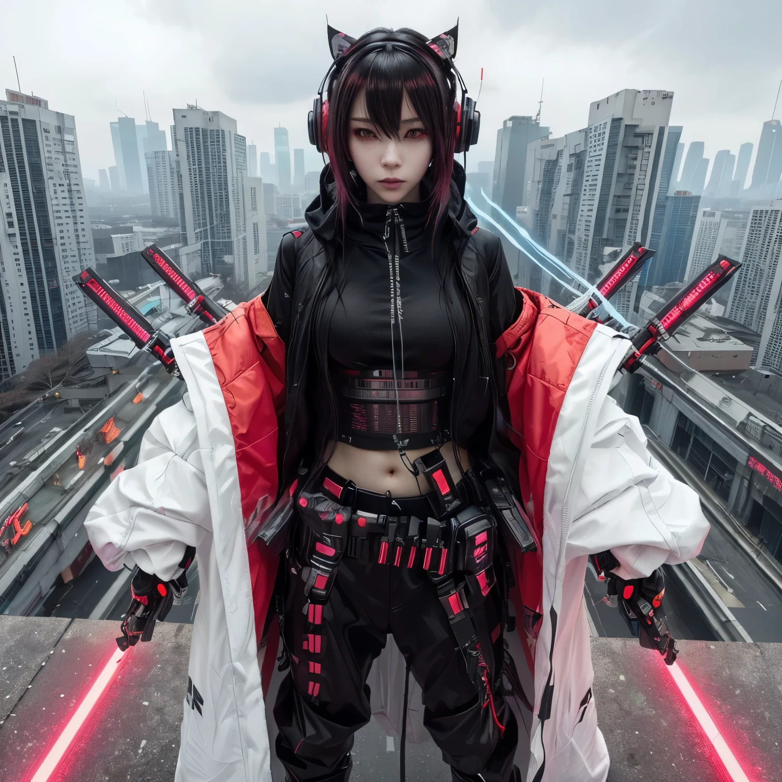anime cosplay with red lights and headphones on standing on a ledge, female cyberpunk anime girl, cyberpunk anime girl, very beautiful cyberpunk samurai, cyberpunk streetwear, wearing cyberpunk streetwear, anime cyberpunk, cyberpunk anime girl in hoodie, cyberpunk angry gorgeous goddess, aesthetic cyberpunk, anime cyberpunk art, cyberpunk techwear, has cyberpunk style, cyberpunk hero, modern cyberpunk anime, cyberpunk outfit