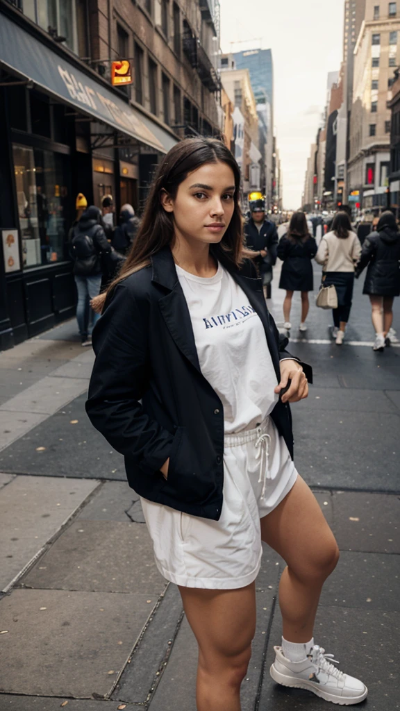 qui pose à New York en habits court