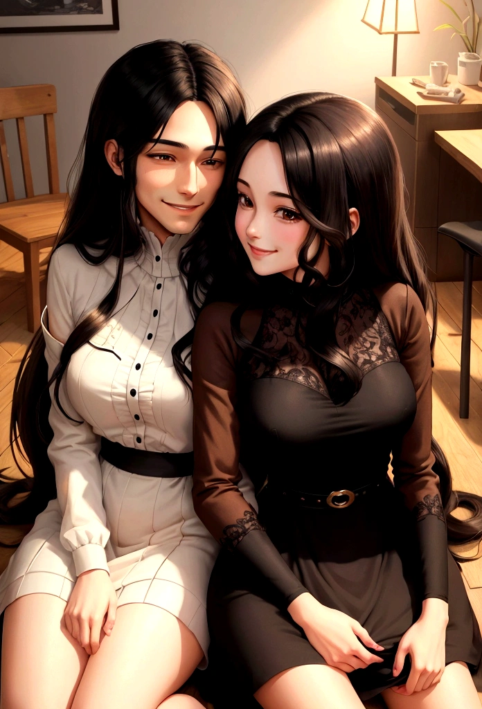 Anime illustration of a man with black hair and a woman with long brown hair looking at each other and smiling playfully. Their faces are very close to each other, with their lips almost touching. They are sitting on the floor. Intimate atmosphere, best quality, high detail, masterpiece