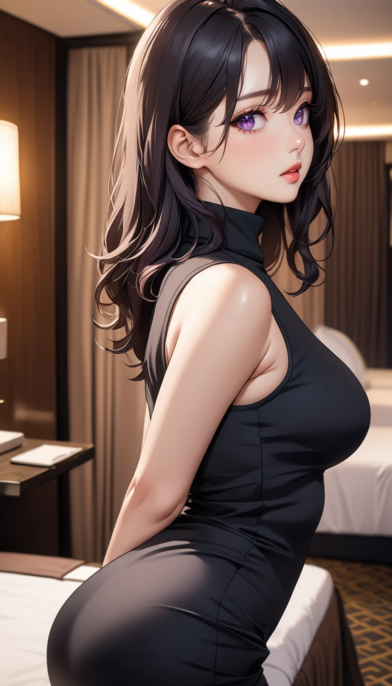 masterpiece, high resolution, beautiful woman, Korean Beauty, 30 years old, black sleeve less turtle neck, mini pencil skirt, beautiful woman, night hotel, looking at me, (high resolution face), (high resolution eyes), (high quality eyes), black hair, purple eyes, little curvy
