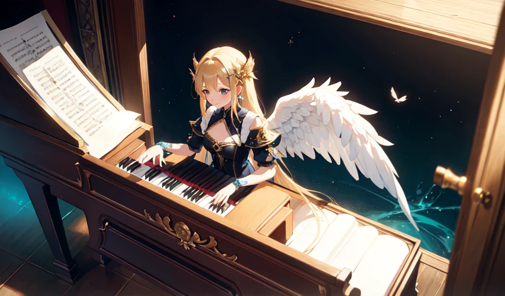 ((Highest quality)), ((masterpiece)), (detailed), Beautiful and cute angel,,Playing the piano,Fantasy、Beautiful background,Angle from above