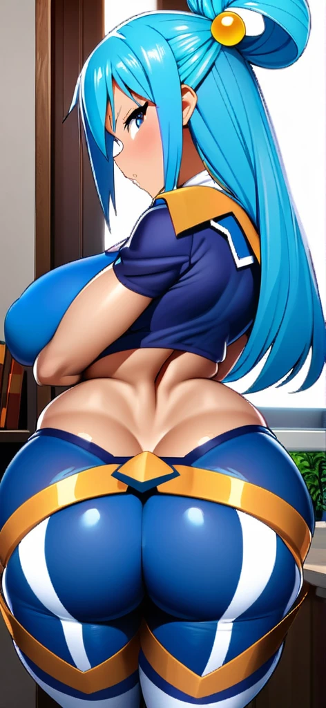  anime girl aqua from konosuba ,busty  with thick thighs and big ass bigger than thighs and head and body , ass view, hyper ass with  long hair , blue skirt panites shown