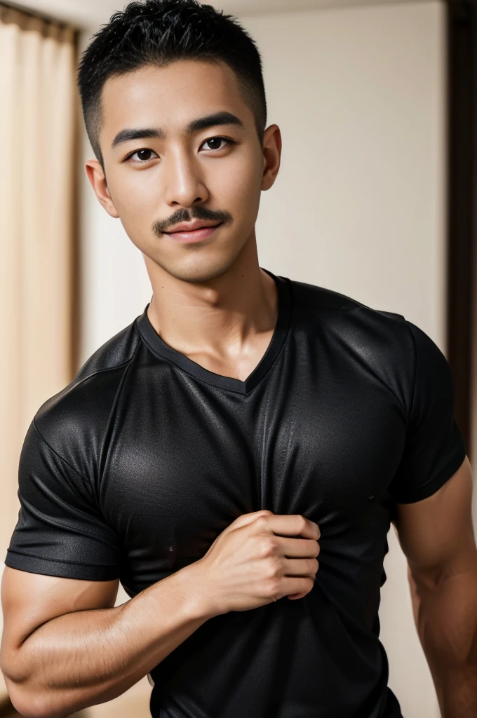 Masterpiece, best quality, high resolution, realistic, handsome, Take beautiful photos, Sayk, NRF, Photo of the 35 year old gym association (The man has a thin mustache.:1.2) Portrait, standing in bedroom , make military media, weight, Amazing , Buzzcut short hair,stubble head , (Hyper Muscle),looking at the audience, Flirt with the camera, charming, (Tight black exercise shirt ),(GS-Male:1), 8K,Bokeh,Portrait,look at the viewer,