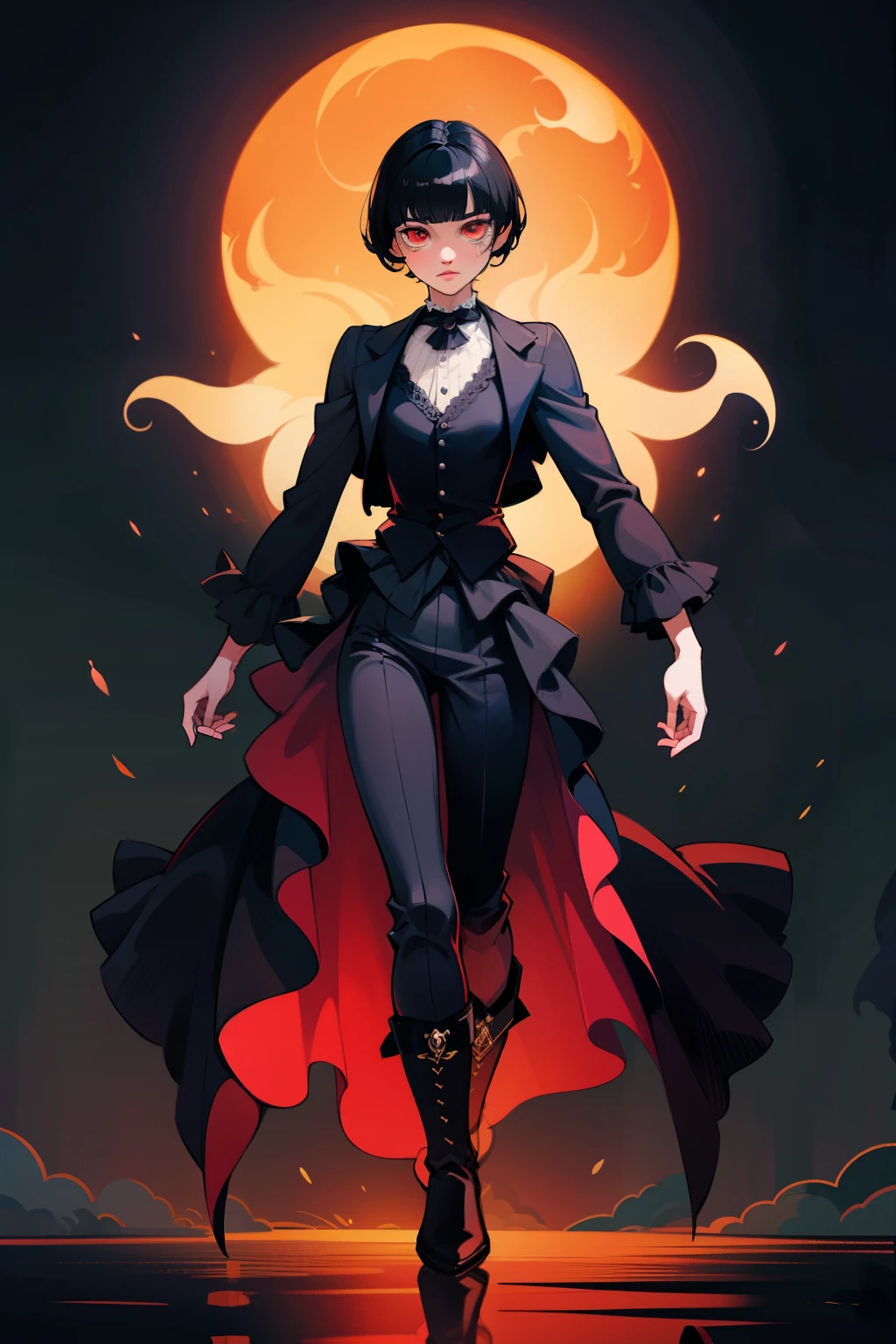 psychedelic art, anime character, short black hair, bangs, red eyes, vest, boots, full body shot, pose, elegant, bangs, ouji fashion, "Black Butler" inspired outfit., god like entity, divine, anime, Gothic art, anime, Gothic art, masterpiece, anatomically correct, accurate, high details, highres, 4K, 8K, highres, 1080P, super detail, masterpiece, anatomically correct