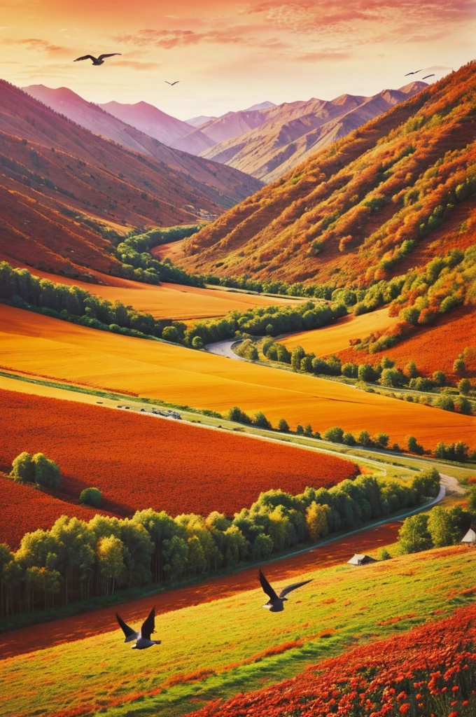 Draw a landscape picture. In the valley, there are birds flying. Warm red background. 
