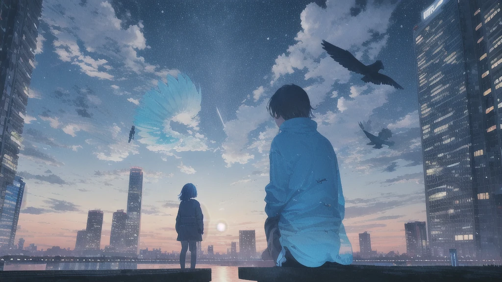 真っ暗なnight空,Octane, star (null), scenery, Blue parakeet,The acoustic guitar is in front of the body.,star, night, Girl and Boy, Back view, alone, Outdoor, city,river,Blue parakeet,building, cloud, 天のriver,silhouette