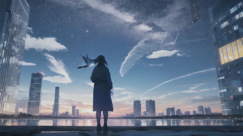 真っ暗なnight空,Octane, star (null), scenery, Blue parakeet,The acoustic guitar is in front of the body.,star, night, Girl and Boy, Back view, alone, Outdoor, city,river,Blue parakeet,building, cloud, 天のriver,silhouette